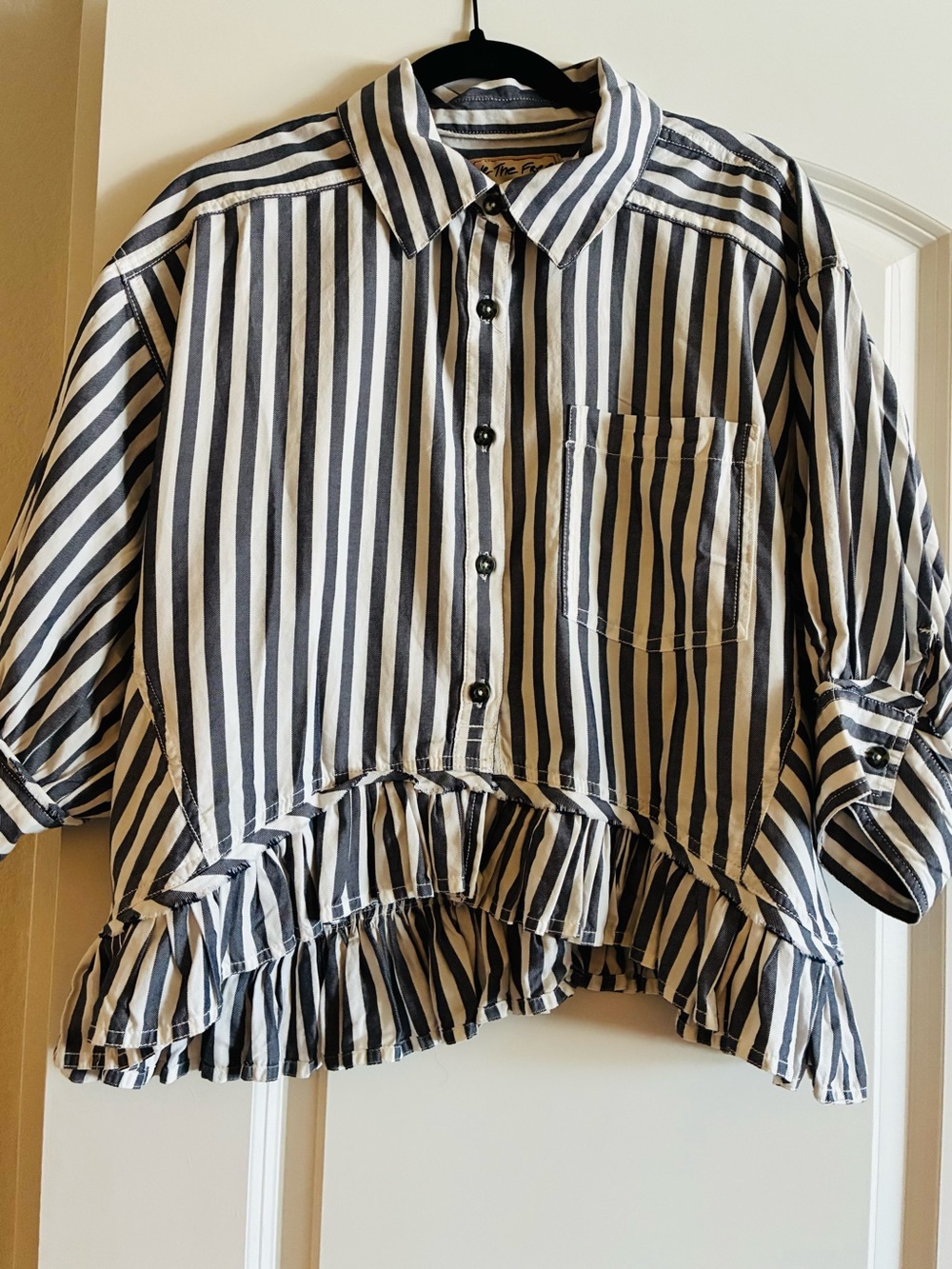 We The Free Navy and White Striped Ruffle-Hem Button Down